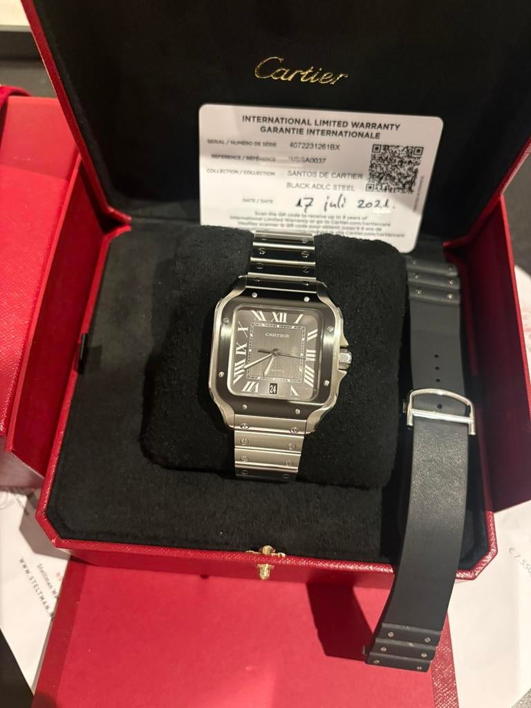 Mooie Cartier Santos met grijze plaat, Sieraden, Tassen en Uiterlijk, Horloges | Heren, Overige merken, Leer, Staal, Polshorloge