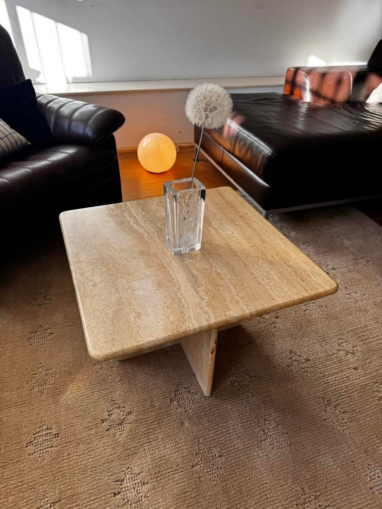 Travertin tafel, Ophalen, Japandi scandi artdecto vintage designer travertin marmer, 50 tot 100 cm, 50 tot 100 cm