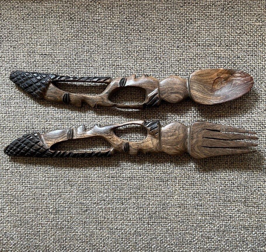 Houtsnijwerk vork en lepel, Ophalen of Verzenden