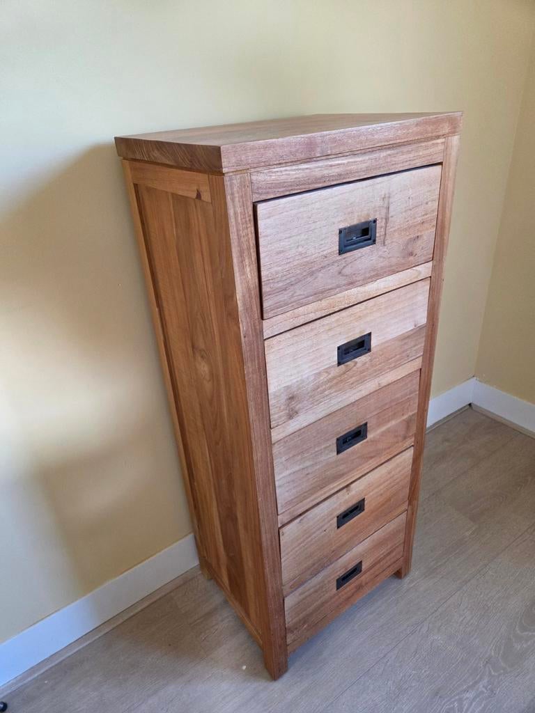 Modern Teak Houten Kastje met 5 Laden - Goede Staat, Huis en Inrichting, Ophalen, Minder dan 50 cm, Gebruikt, 5 laden of meer