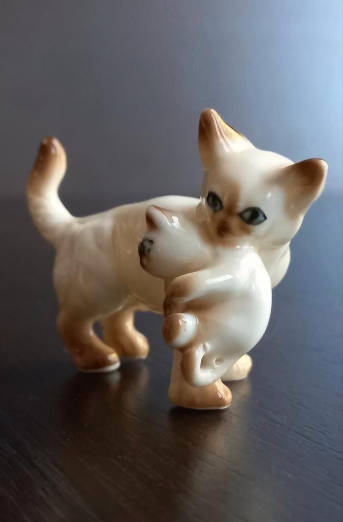 Vintage Bone China Siamese moederpoes met één kitten, Ophalen of Verzenden