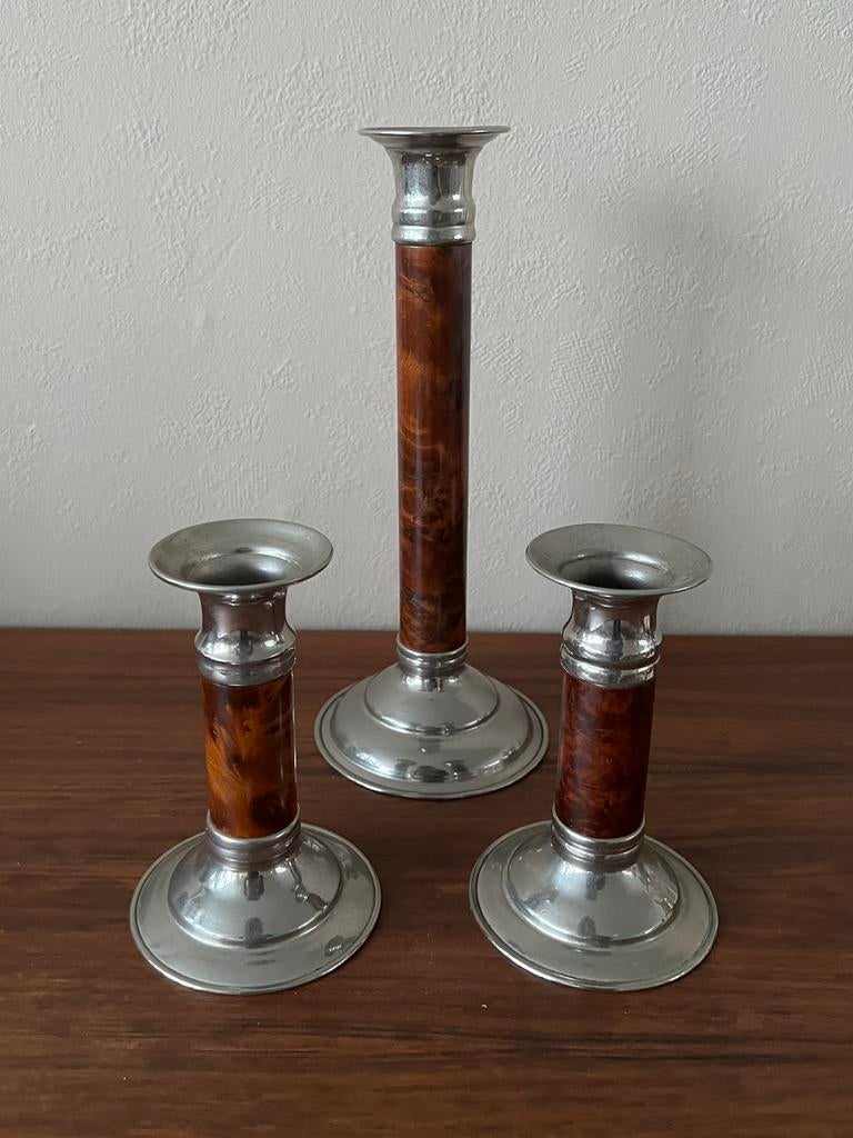 Set van 3 kaarsenhouders wortelhout chroom burrowood retro, Ophalen of Verzenden, Overige materialen, Minder dan 25 cm