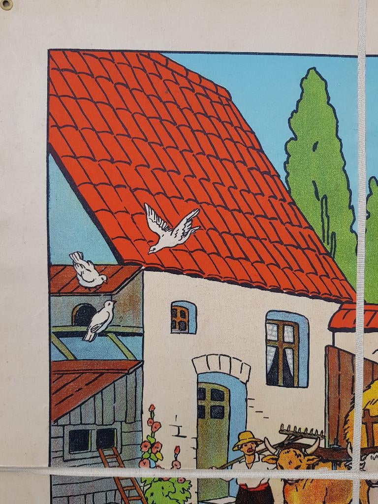 De boerderij oude schoolplaat uit Frankrijk litho op canvas., Antiek en Kunst, Ophalen of Verzenden