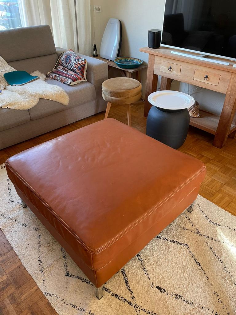 Leren cognac poef Goossens, Ophalen, Vierkant, Leer, 75 tot 100 cm