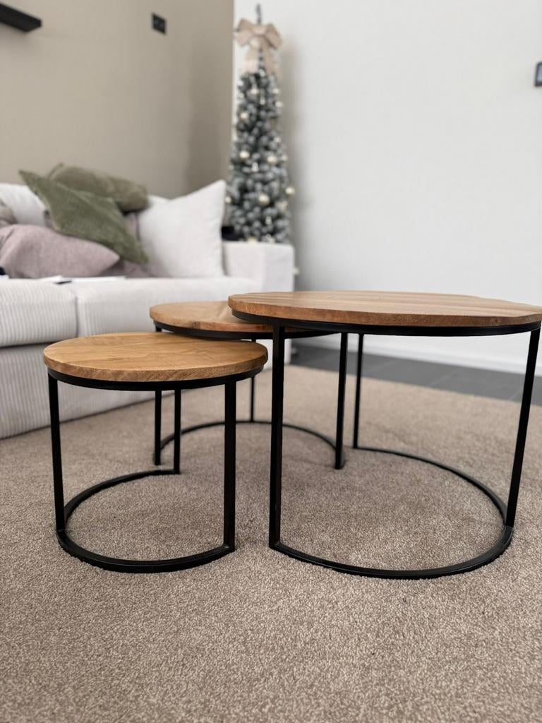 Bijzettafel Set van 3 Mango hout, Huis en Inrichting, Tafels | Bijzettafels, 45 tot 60 cm, Minder dan 55 cm, Rond, Ophalen of Verzenden