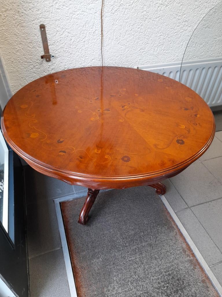 Noten ingelegde barok salon tafel met glas plaat., Ophalen of Verzenden