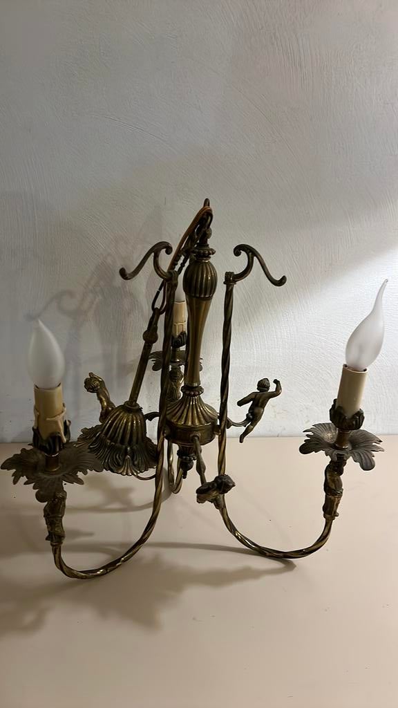 Brocante drie armige lamp brons/koper, Ophalen, Zo goed als nieuw