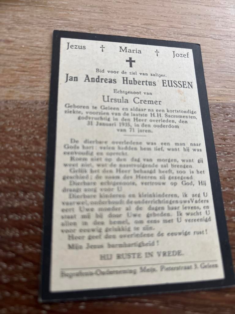 Eussen Jan Geleen 1938  x Cremer - 28322, Verzamelen, Ophalen of Verzenden, Bidprentje