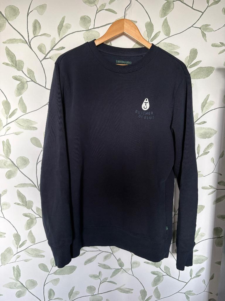 Butcher of blue blauwe sweater medium valt ruim en lang, Butcher of blue, Ophalen of Verzenden, Zo goed als nieuw, Maat 48/50 (M)
