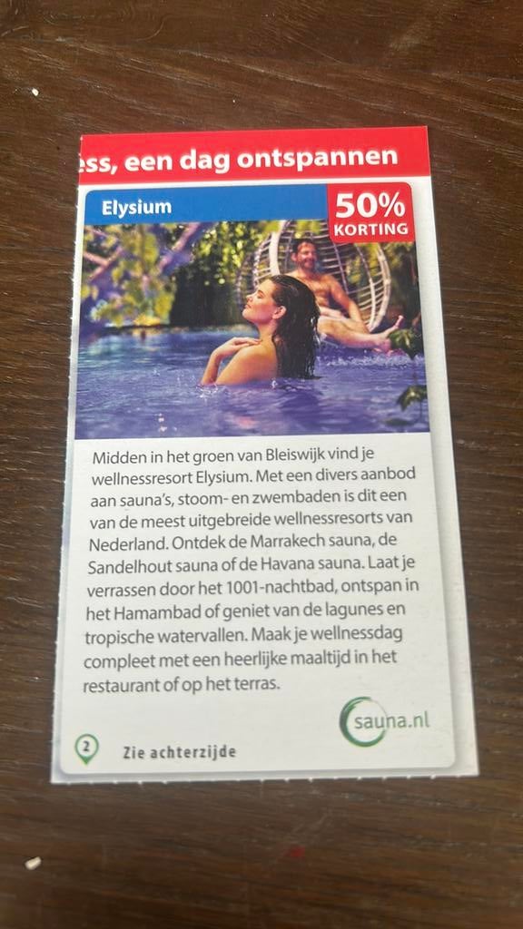 50% korting elysium, Eén persoon, Kortingsbon, Spa of Sauna