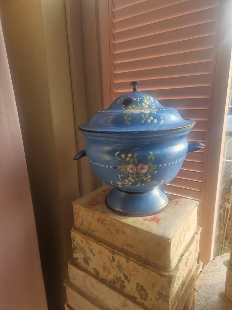 Blauwe gebloemde emaille terrine, Ophalen of Verzenden