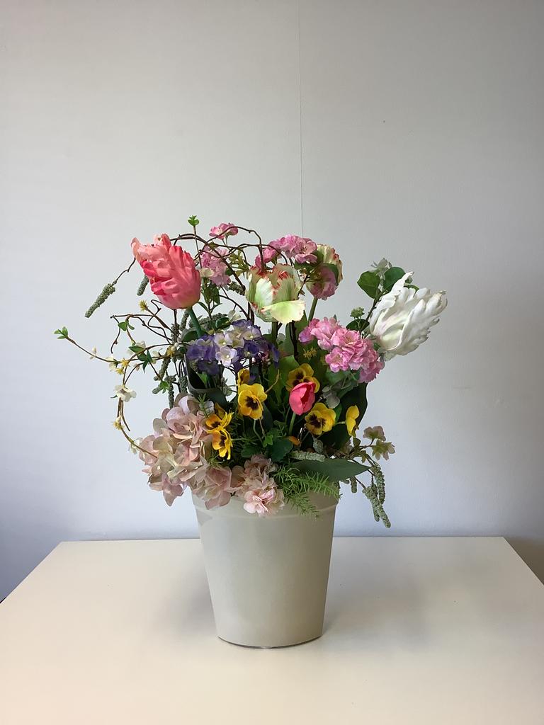 Bloesem Tulpen boeket opgemaakt in smalle stenen pot 65 hoog, Ophalen of Verzenden, Zo goed als nieuw