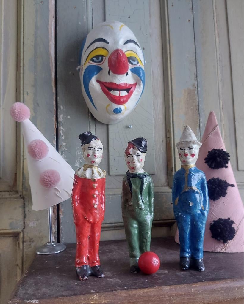 3 x antieke clowns skittles van Papier-mache + bal, Ophalen of Verzenden
