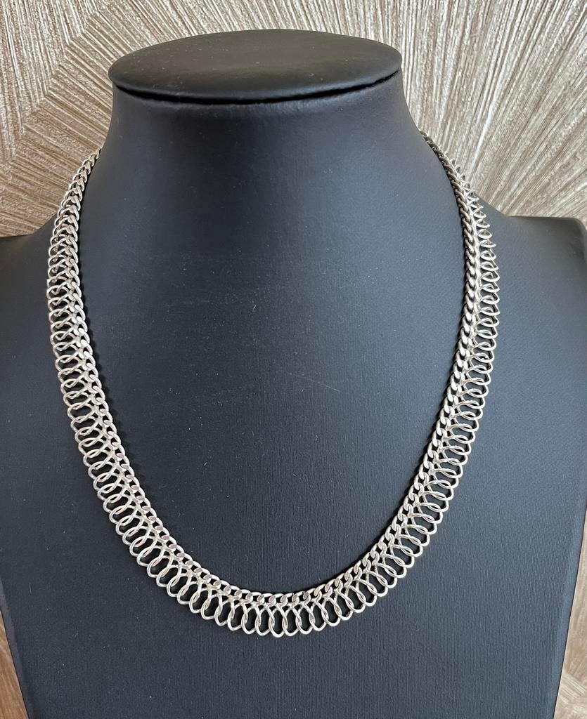 Prachtig zilveren FANTASIESCHAKEL COLLIER, Sieraden, Tassen en Uiterlijk, Kettingen, Zo goed als nieuw, Zilver, Verstelbaar, Verzenden