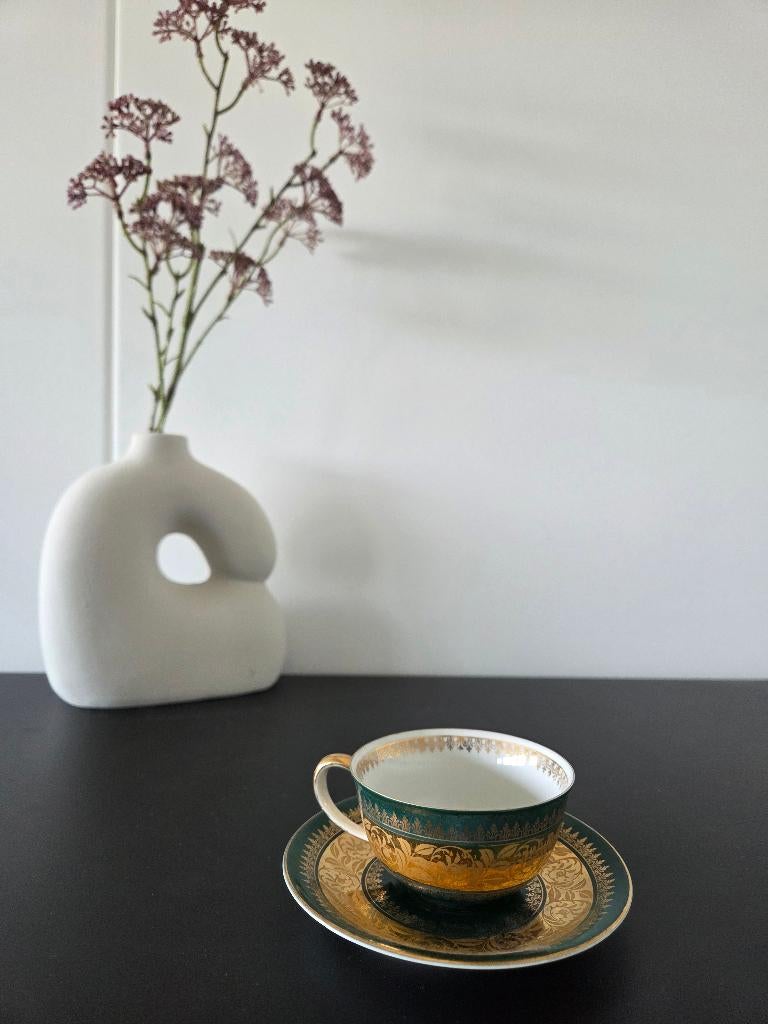 Vintage R&E Bavaria kop en schotel - smaragdgroen met goud, Ophalen of Verzenden