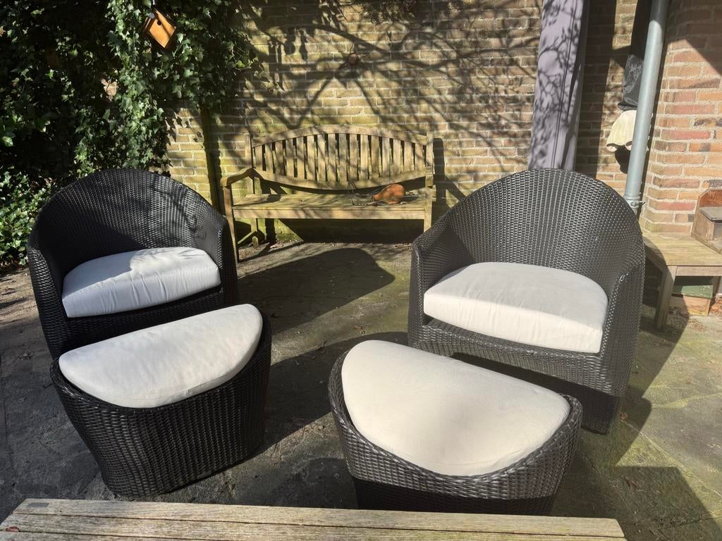 Twee Kettal stoelen met hocker, Tuin en Terras, Ophalen, Gebruikt, Wicker