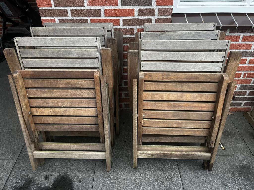 6 houten tuinstoelen, Ophalen, Gebruikt, Teakhout, Inklapbaar