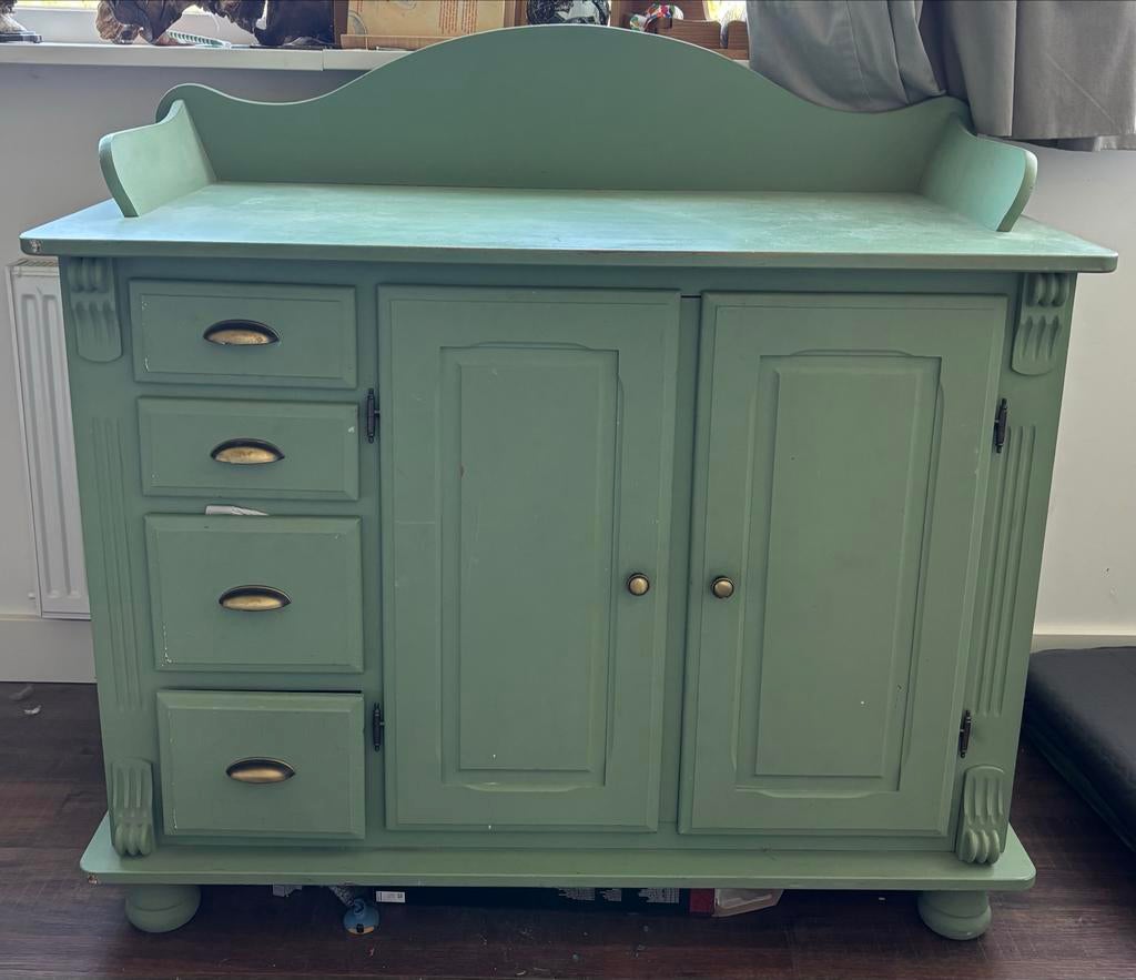 Groene commode met lades en deurtjes, Gebruikt, 50 tot 70 cm, Ophalen of Verzenden, 100 cm of meer