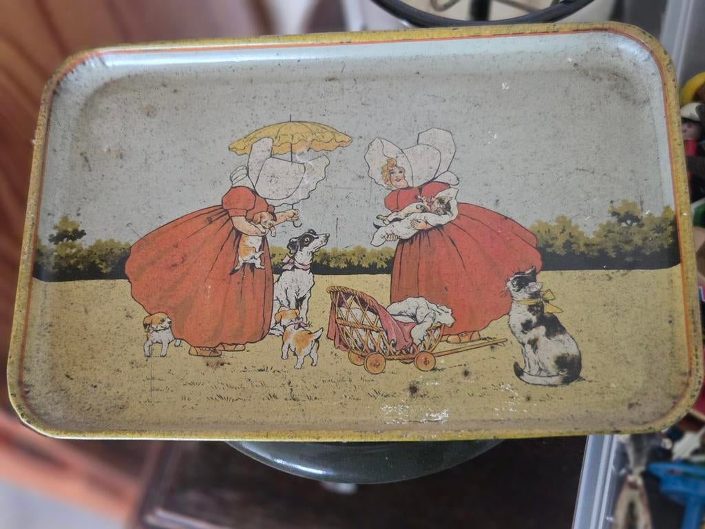Vintage blikken dienblad met kinder- en dierenafbeelding, Ophalen of Verzenden