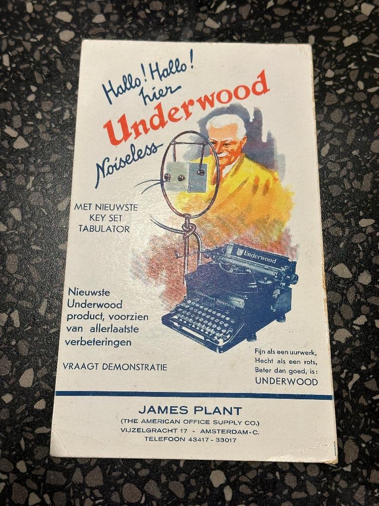 Vloeiblad Underwood typemachine. James Plant Amsterdam., Verzamelen, Merken en Reclamevoorwerpen, Ophalen of Verzenden, Gebruikt