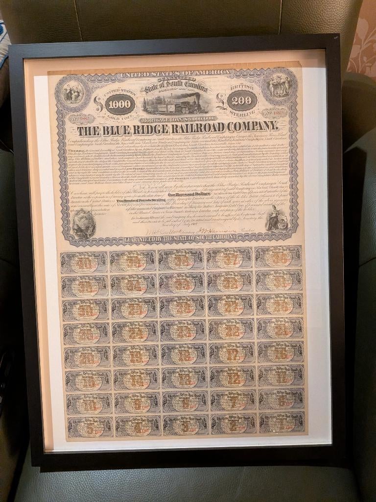 Antiquarisch aandeel 'The Blue Ridge Railroad Company", 1869, Postzegels en Munten, Ophalen of Verzenden, Voor 1920, Aandeel