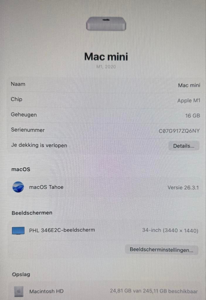 Mac mini M1, 2020, Computers en Software, Apple Desktops, Gebruikt, SSD, Ophalen of Verzenden, Mac Mini