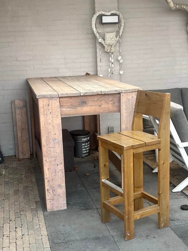 Steigerhouten Bartafel met Krukken, Tuin en Terras, Ophalen, Gebruikt, Eettafel, 6 zitplaatsen
