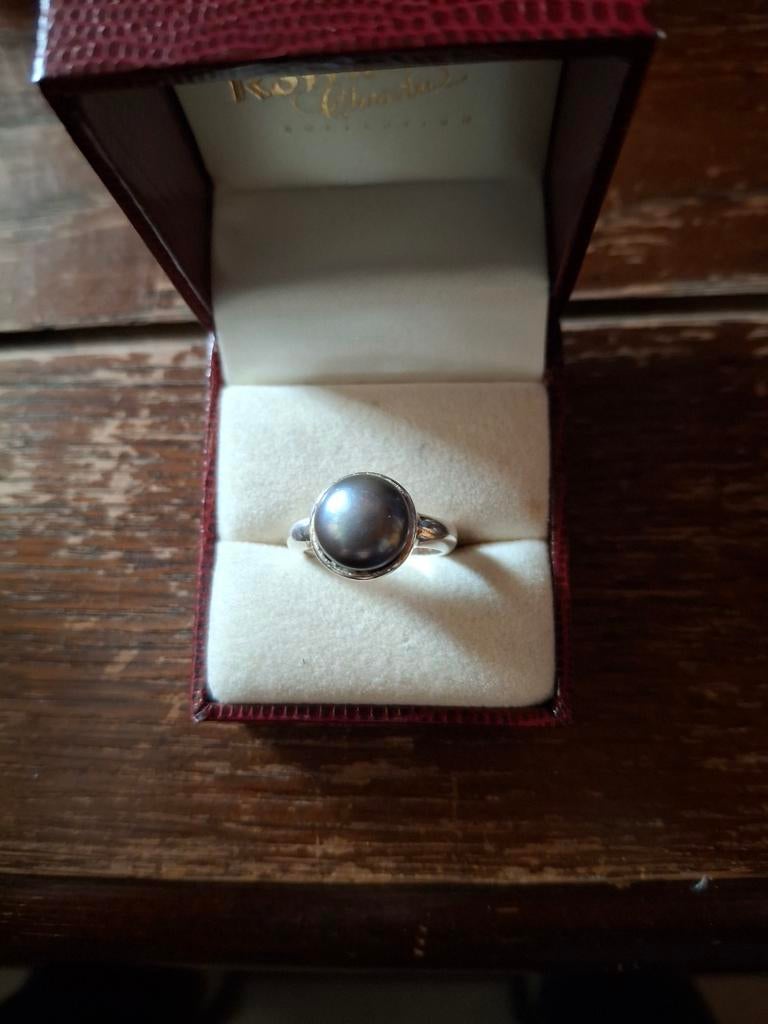 Zilveren ring met  parel ringmaat 16mm massief, Antiek en Kunst, Ophalen of Verzenden