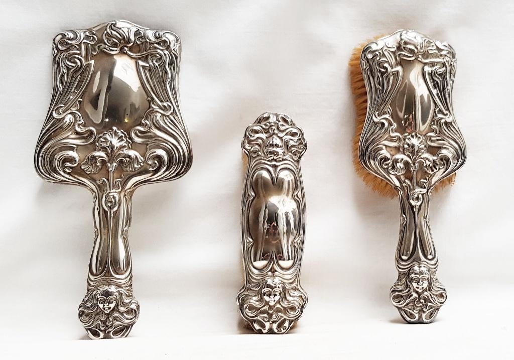 Driedelig Art Nouveau Toiletset - Zilver - Birmingham C&B., Ophalen of Verzenden, Zilver