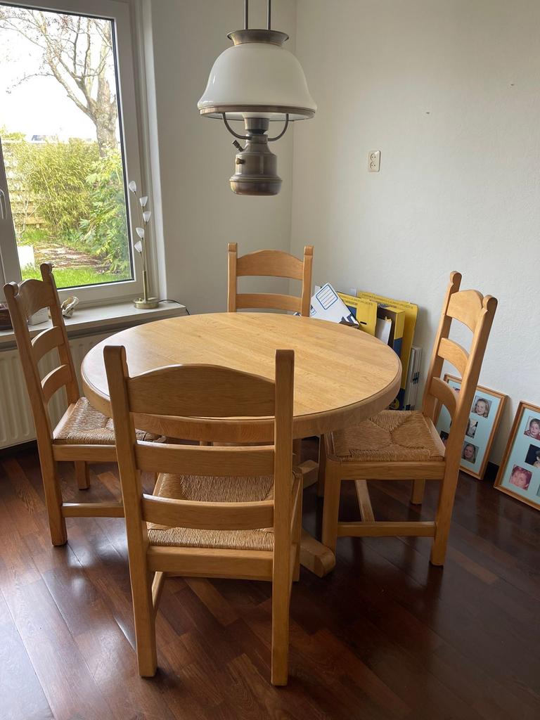 Massief eiken dinerset met 4 stoelen, Ophalen, Gebruikt, 4 tot 6 stoelen