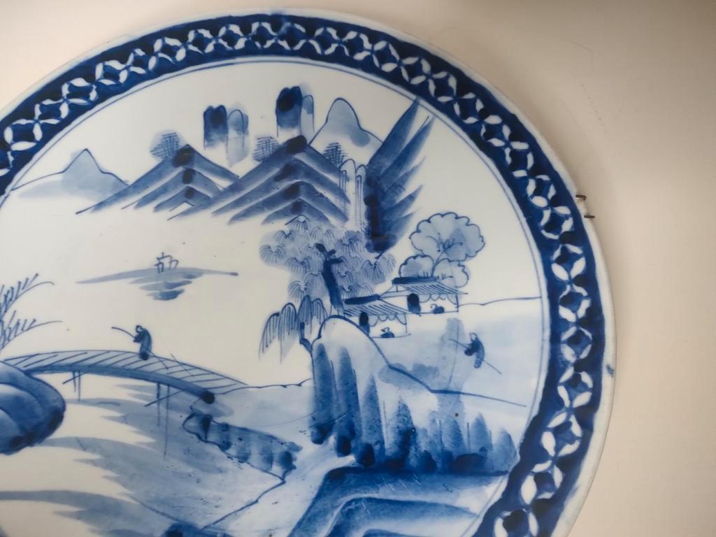 Groot antiek blauw porselein Japans bord 19e eeuw, Ophalen