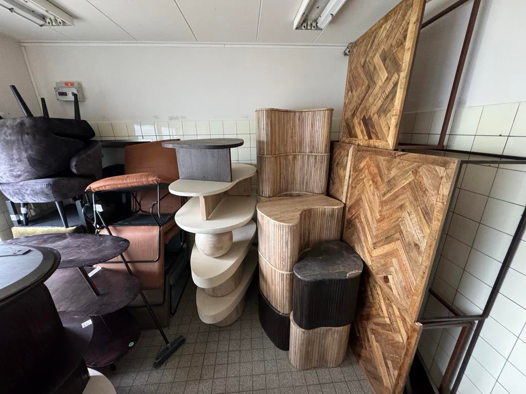 Partij salontafels en fauteuils - Diverse stijlen, Ophalen, Gebruikt, 75 tot 100 cm, Stof