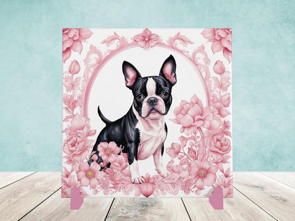 Boston Terriër Delfts Roze tegel incl houder, Ophalen of Verzenden, Nieuw