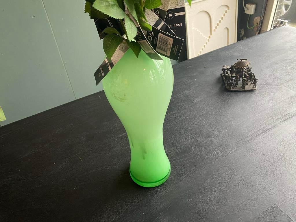 Lime Groene Melkglas Vaas - 40 cm van 39,95 nu 9,9, Ophalen, Nieuw, Glas, Minder dan 50 cm
