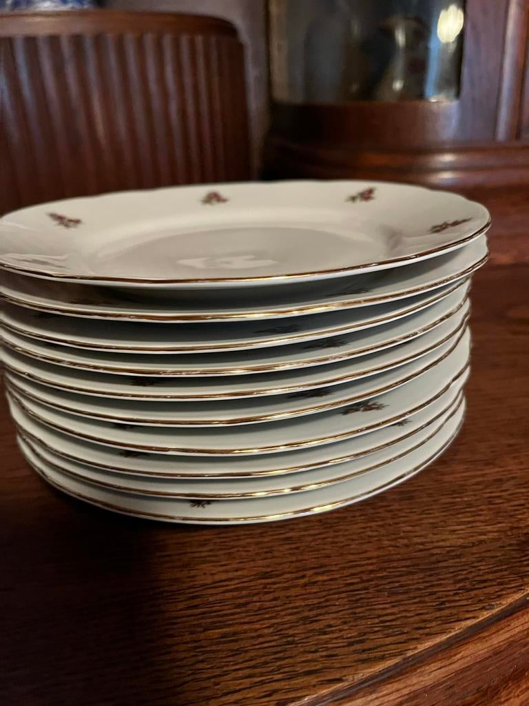 10 Gebaksbordjes met Roosjes en Gouden Rand, Ophalen, Gebruikt, Bord(en), Overige stijlen