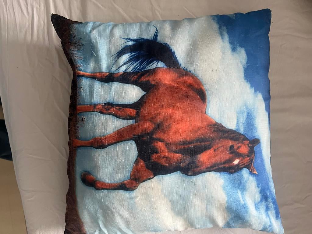 Kussen met paardenprint, Huis en Inrichting, Woonaccessoires | Kussens, Ophalen of Verzenden, Zo goed als nieuw, Bruin, Vierkant