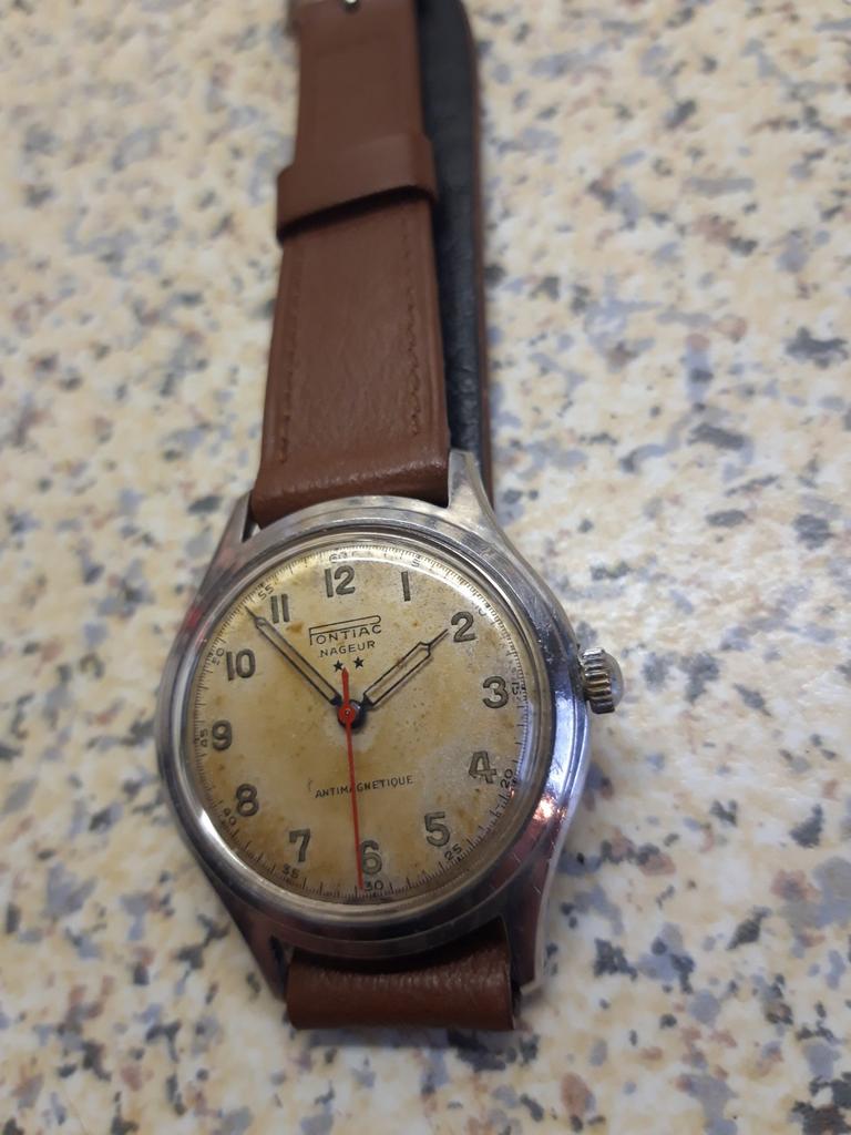 Pontiac nageur swiss edel stalen kast jaren vijftig., Overige merken, Staal, Met bandje, Verzenden