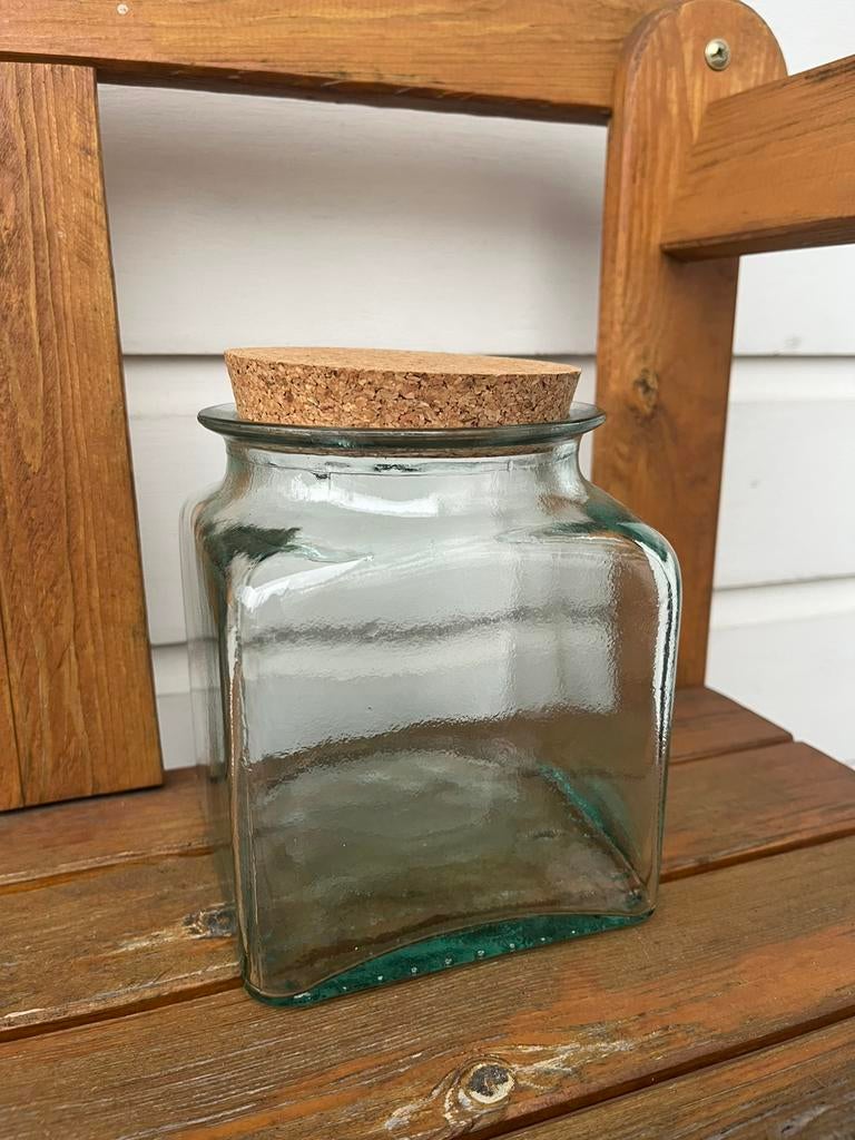 Voorraadpot met kurk gerecycled glas snoeppot vierkant, Ophalen of Verzenden, Zo goed als nieuw, Glas, Pot, Bus of Blik