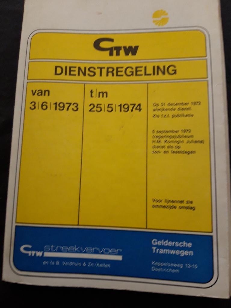 dienstregeling GTW autobusbedrijf seizoen 1973 - 1974, Ophalen of Verzenden, Gebruikt, Bus of Metro, Boek of Tijdschrift