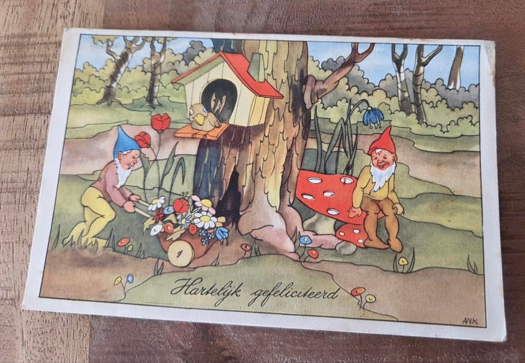 Twee kabouters in een bosrijke omgeving - Ank, Verzenden, 1940 tot 1960, Gelopen, Kinderen