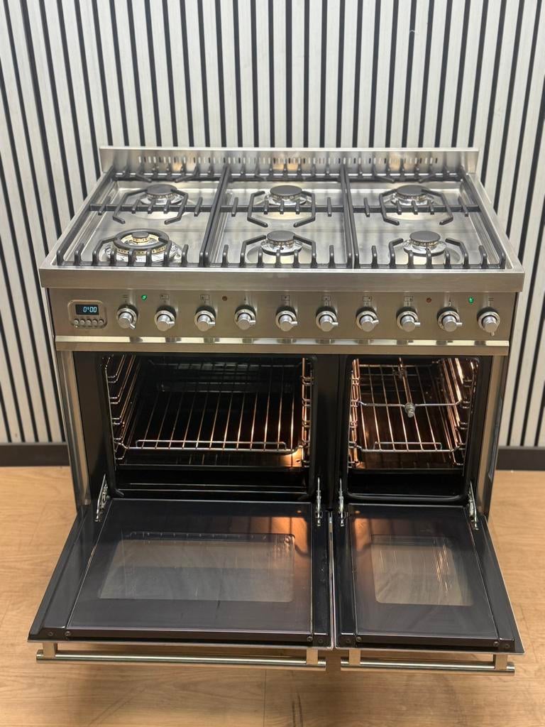 Luxe Boretti Fornuis 6 pits RVS dubbele oven 90 cm, Hete lucht, Fornello Esperta, Ophalen of Verzenden, Zo goed als nieuw