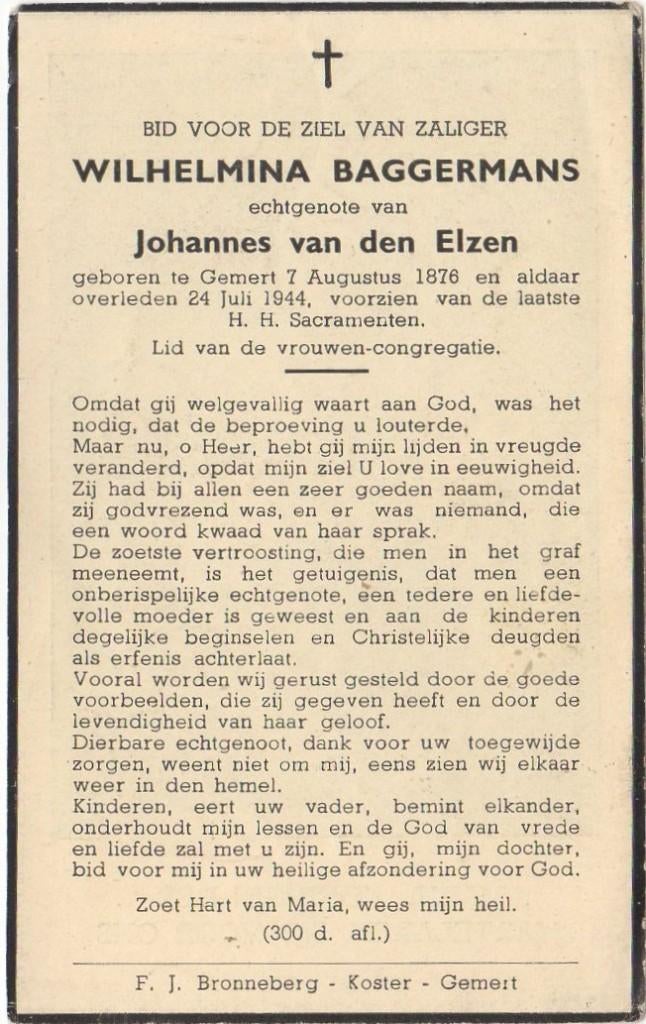 Wilhelmina Baggermans 1876 Gemert + 1944 Gemert, 67 jaar, Verzenden