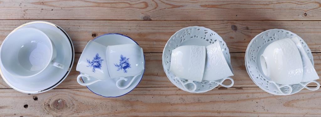 Vintage kopjes servies D.E. Douwe Egberts 7 st. (oa Bavaria), Antiek en Kunst, Antiek | Servies los, Ophalen of Verzenden