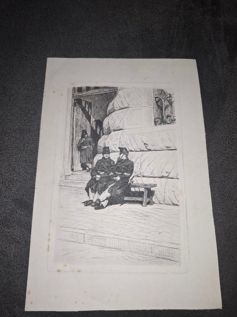 Tekening Nederlandse soldaten met shako op pre 1900, Ophalen of Verzenden, Landmacht, Nederland, Foto of Poster