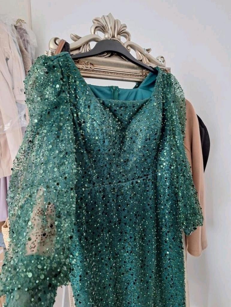 Midi feest jurk met pailletten in donker groen maat L, Kleding | Dames, Maat 38/40 (M), Galajurk, Verzenden, Zo goed als nieuw