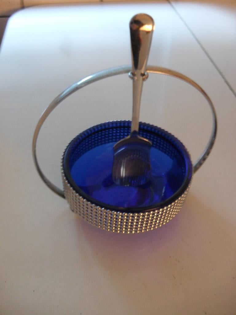suikerschaaltje met blauw glas en inklusief lepel, Antiek en Kunst, Ophalen of Verzenden
