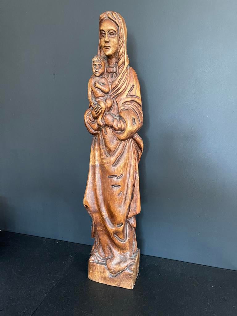 Groot Antiek Maria Beeld met Kind 68 cm - Handgesneden, Antiek en Kunst, Ophalen of Verzenden