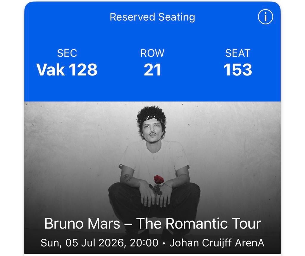 Bruno Mars 1x Premium Zitplaats Johan Cruijff Arena, Tickets en Kaartjes, Eén persoon, Juli