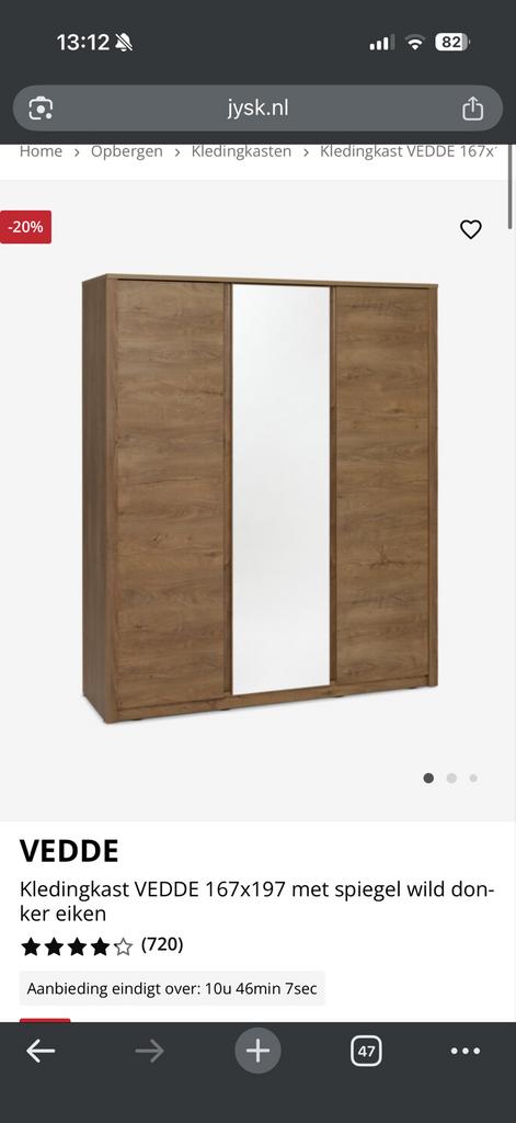 Kledingkast Vedde met spiegel, Ophalen, Gebruikt, 150 tot 200 cm, Overige houtsoorten