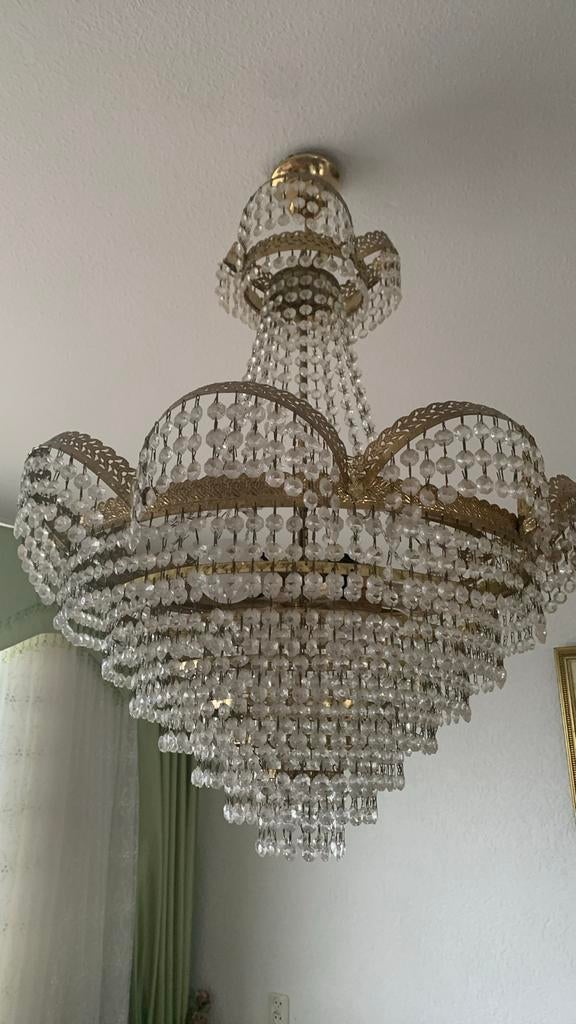 2 Grote kroonluchters en een kleine met kristallen, Ophalen of Verzenden, Gebruikt, Metaal